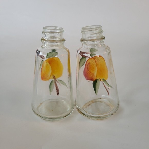 Vintage Anchor Hocking Clear Glass Salt & Pepper Shakers Peaches Hand Painted - Picture 4 of 8
